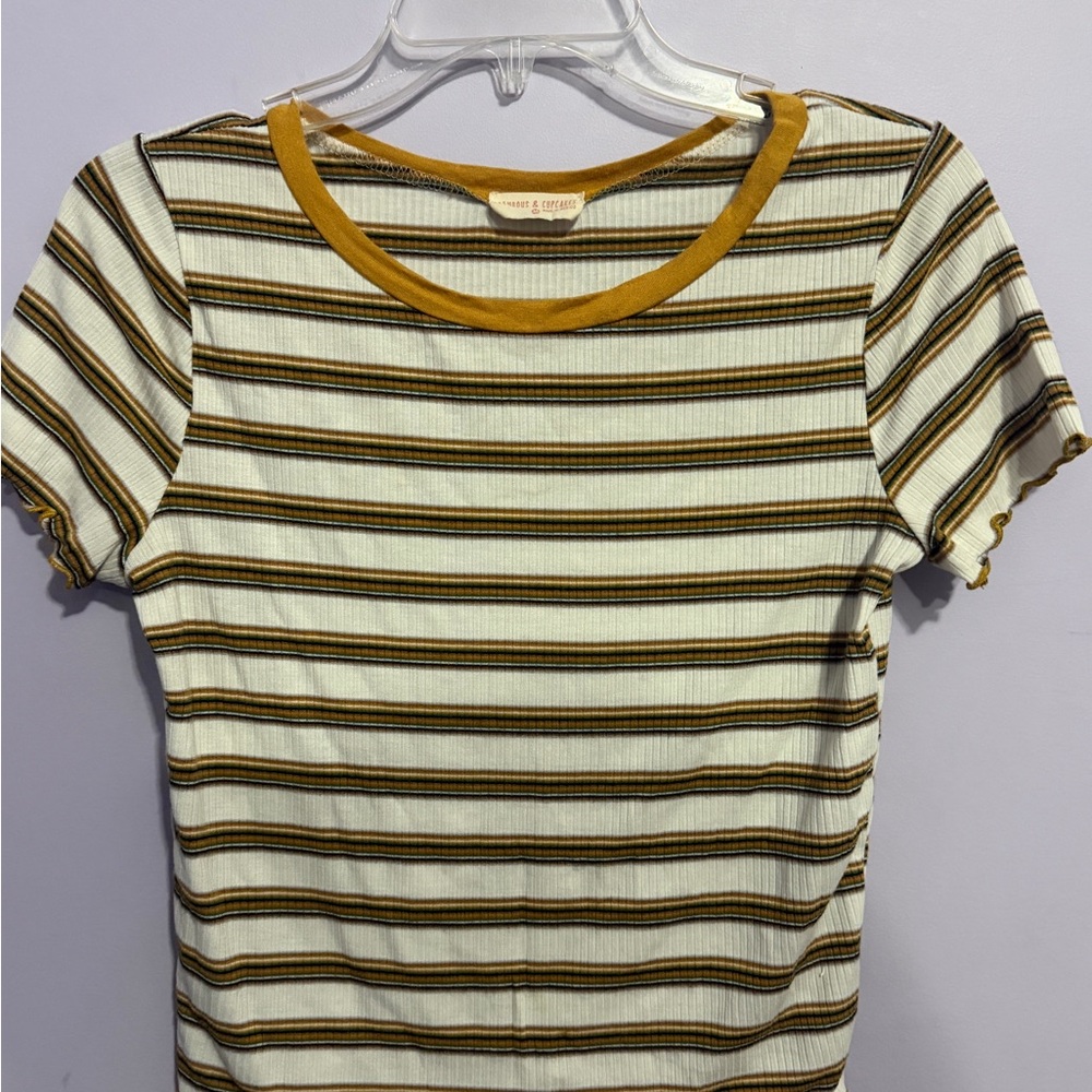Women's crop top with ruffle sleeves & stripes in yellow, green, brown - size m